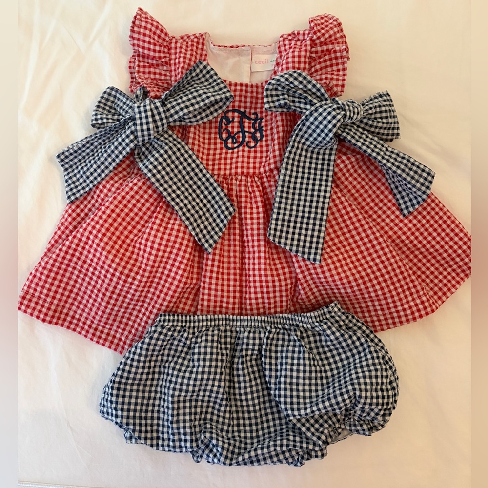 Cecil and Lou monogramed, red white and blue gingham set